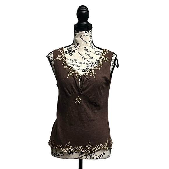 Sportmax Brown Vneck Top Womens Brown Linen Blend Sleeveless Eyelet Boho Mature - Picture 2 of 9